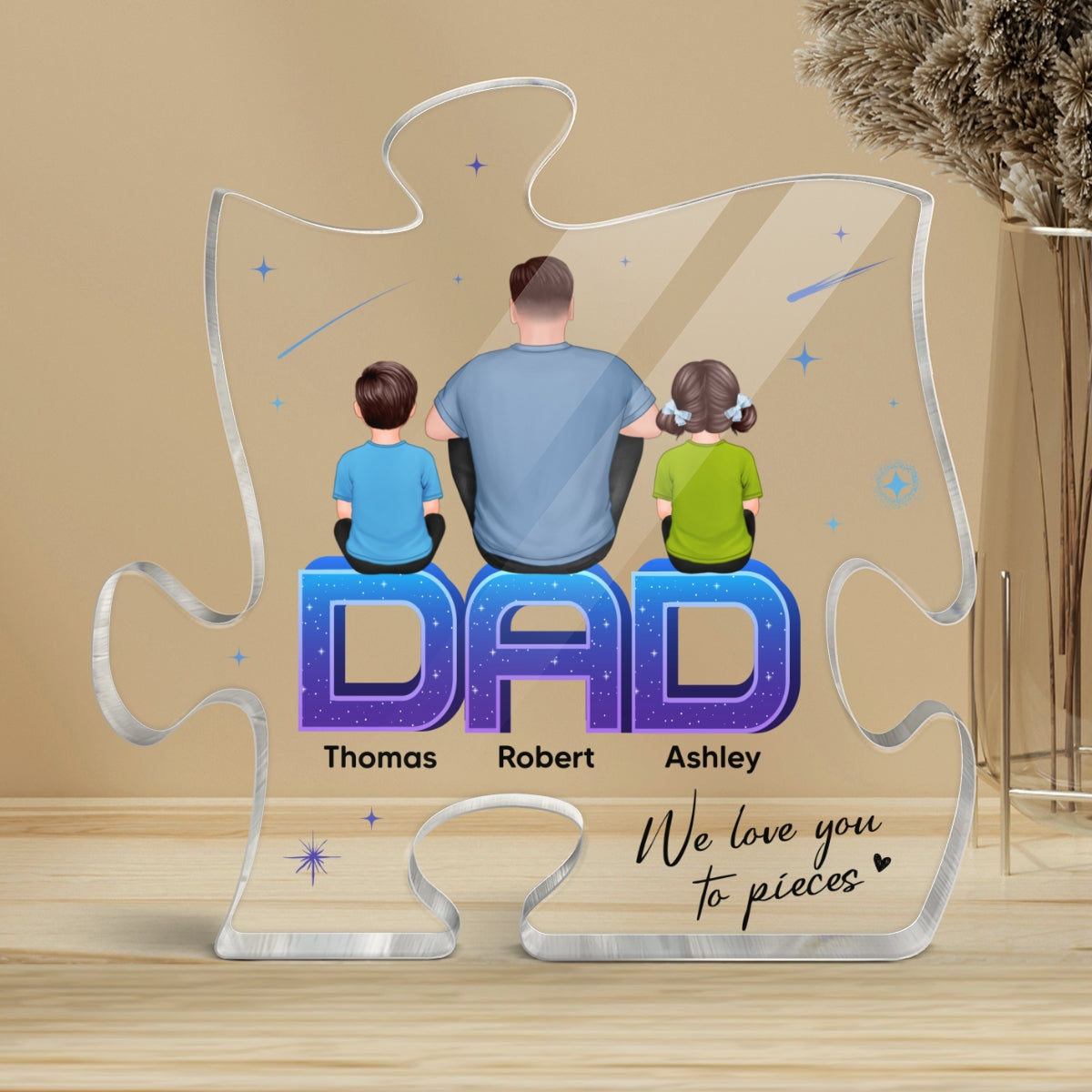 Dad We Love You To Pieces Back View Man Kids Dog Cat Personalized Acrylic Puzzle Plaque