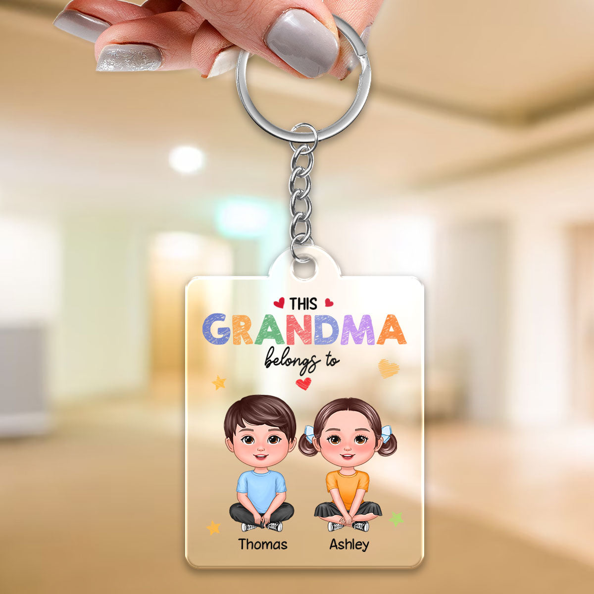 This Grandma Mom Belongs To Crayon Pattern Personalized Acrylic Keychain