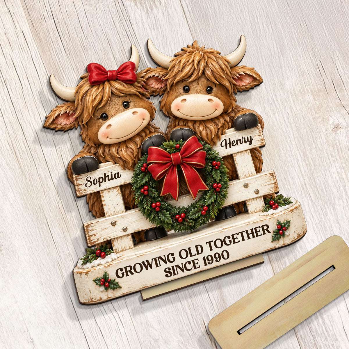 Happy Highland Cows Couple Christmas Fence - Personalized 2-Layered Wooden Plaque - Christmas Gift For Couple