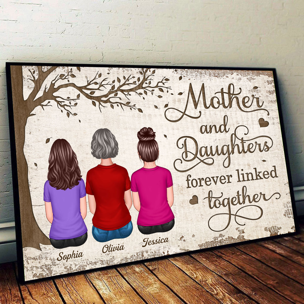 Back View Mother And Daughters Sons Sitting Under Tree Personalized Horizontal Poster