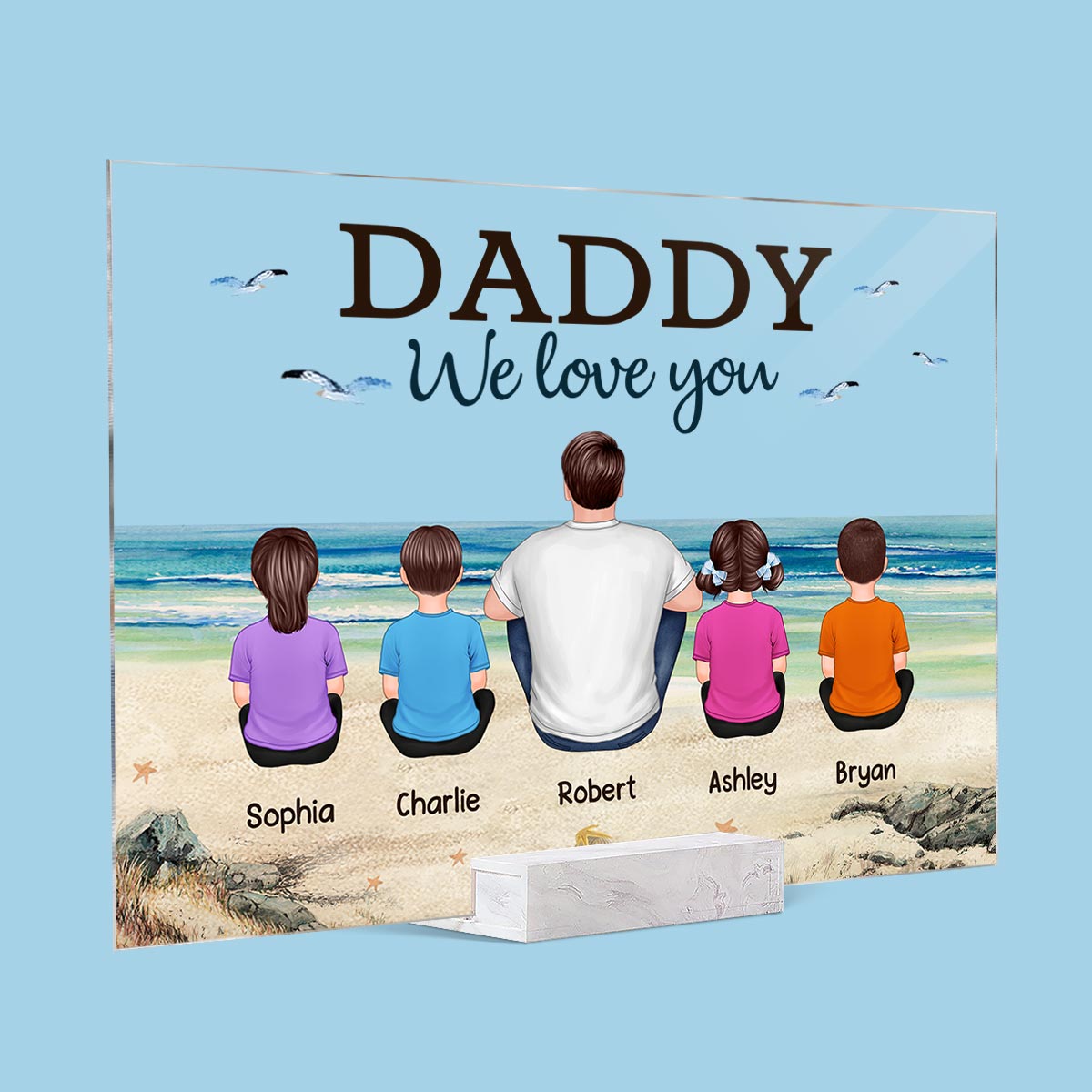 Beach Landscape Dad Grandpa We Love You Back View Dad And Kids Dogs Cats Sitting Personalized Acrylic Plaque