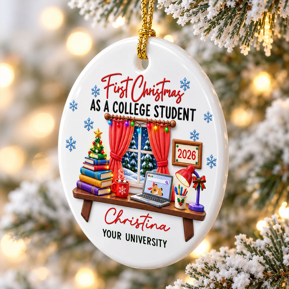 College Student With Desk Design - Personalized Ceramic Ornament - Christmas Gift For New Student, Boy, Girl