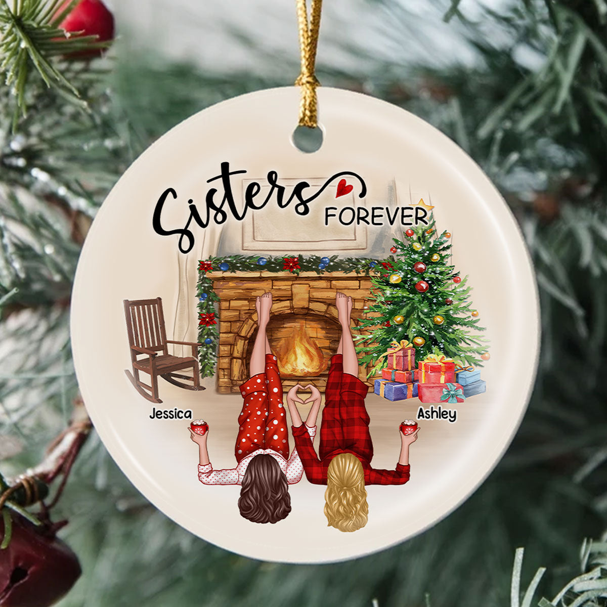 Sisters Besties By The Fireplace Personalized Ceramic Ornament, Christmas Gift for Besties, Sisters