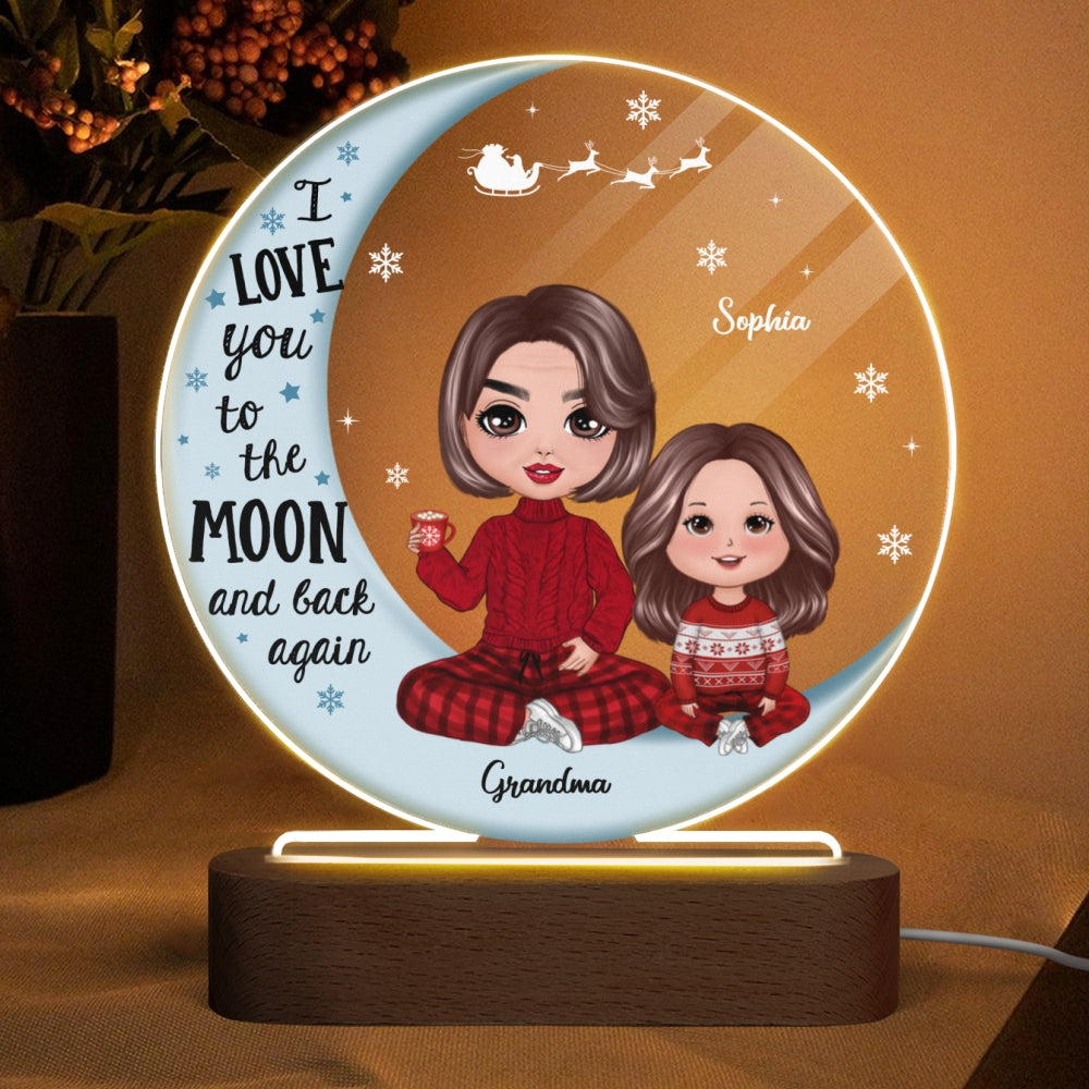 Doll Grandma & Grandkid On Moon Christmas Gift Personalized Circle Acrylic Plaque With LED Night Light