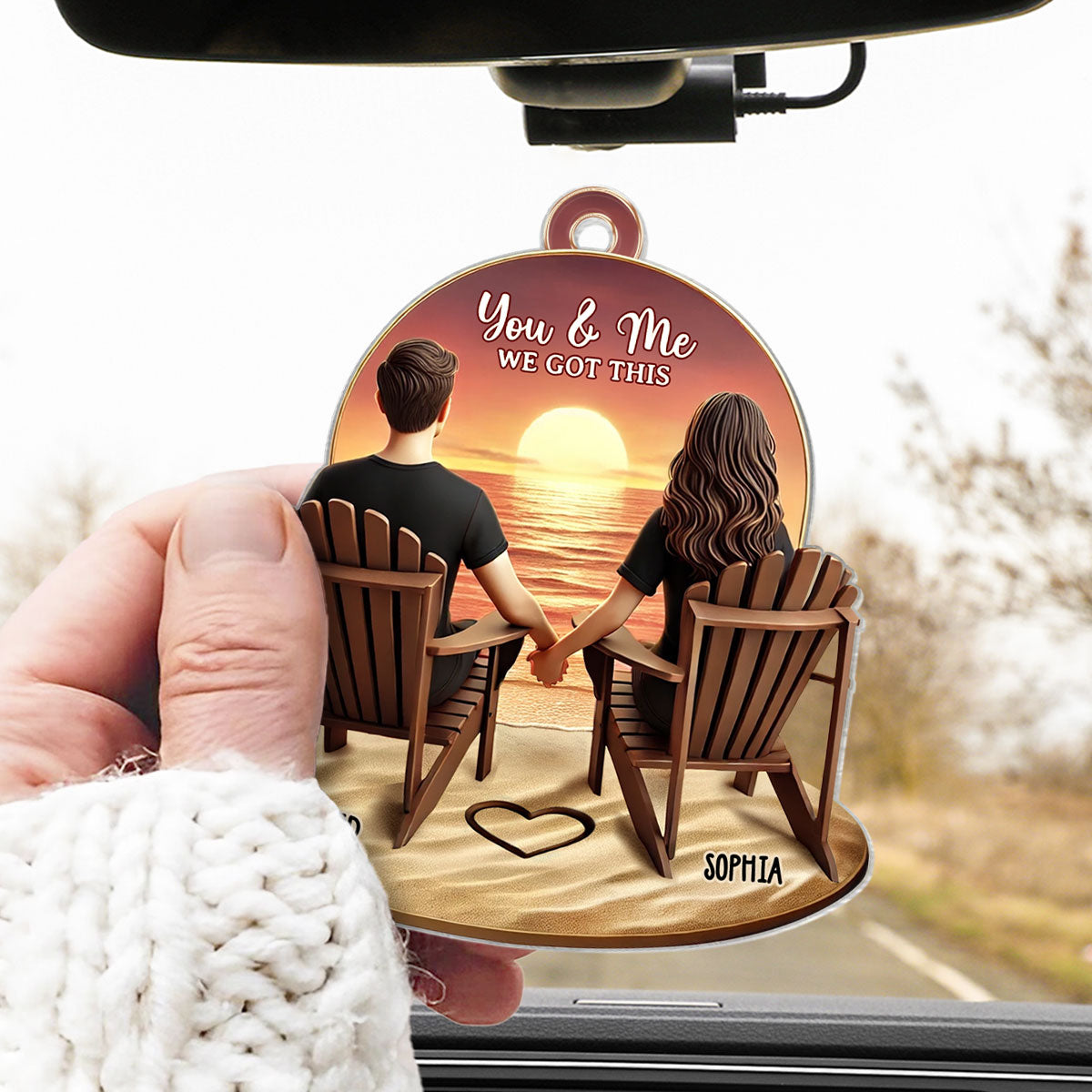 3D Effect Couple Beach Landscape Retro Vintage Personalized Car Hanger, Anniversary Gift For Couple