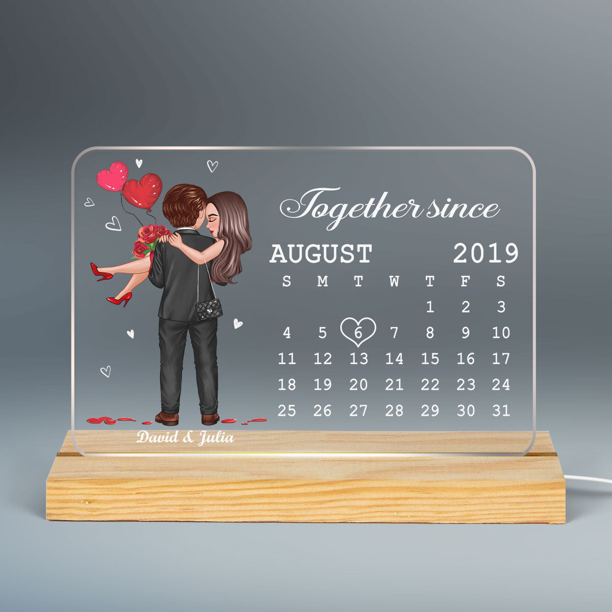 Embracing Hugging Doll Couple Calendar Personalized Custom Shape LED - Gift For Him Gift For Her