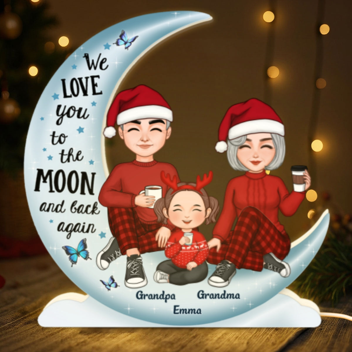 Cute Grandma Grandpa Grandparents & Grandkid On Moon - Personalized Light Box
