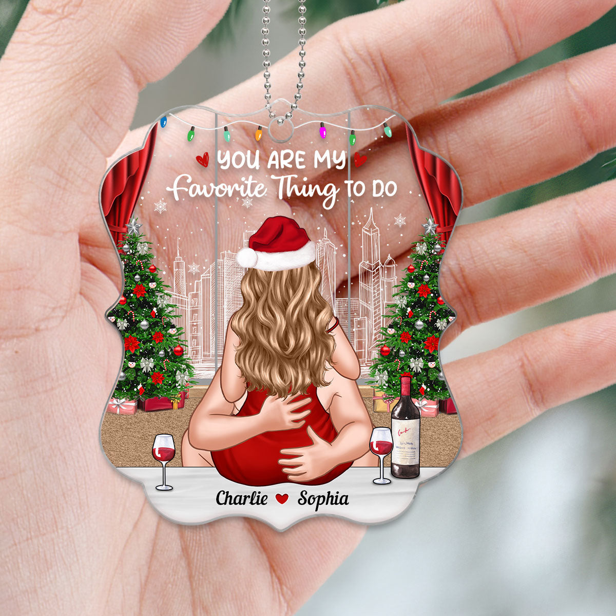 Christmas Bliss Couple Kissing Romantic Cityscape Personalized Acrylic Ornament