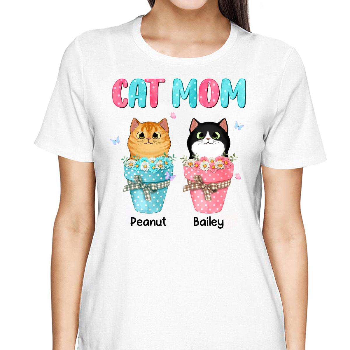 Cat Mom Peeking Cats On Flower Pot Personalized Shirt