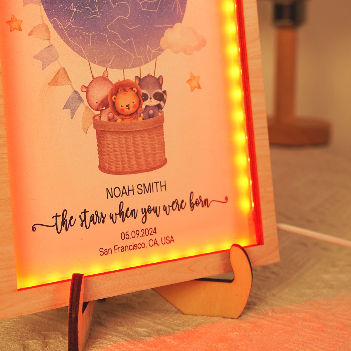 Star Map New Baby Custom 2-Layered Wooden Plaque With LED, Birthday Stars Childs Sky LED, Newborn Parents Gift, Boy Girl Christening Art, Night You Were Born