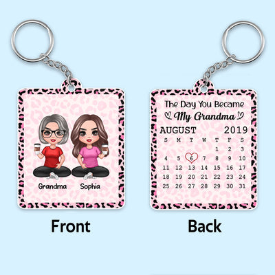 Best Grandma Ever Doll Sitting Grandma Grandkid Calendar Date Pink Leopard Pattern Personalized Acrylic Keychain