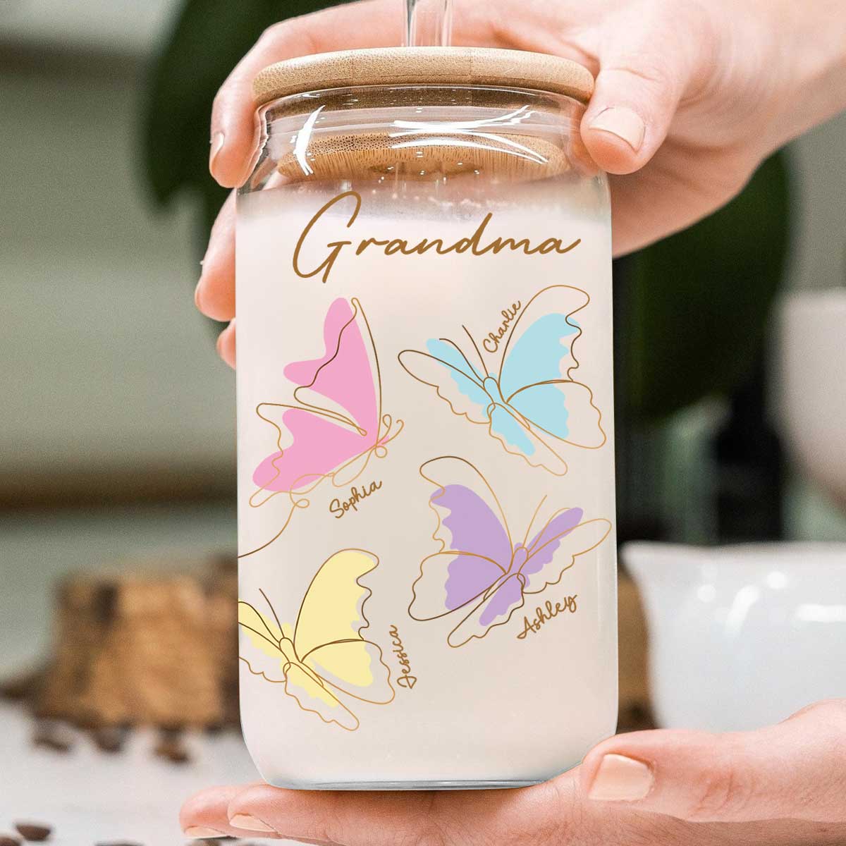 Grandma Mom Auntie Butterflies Kids Names Personalized Clear Glass Can