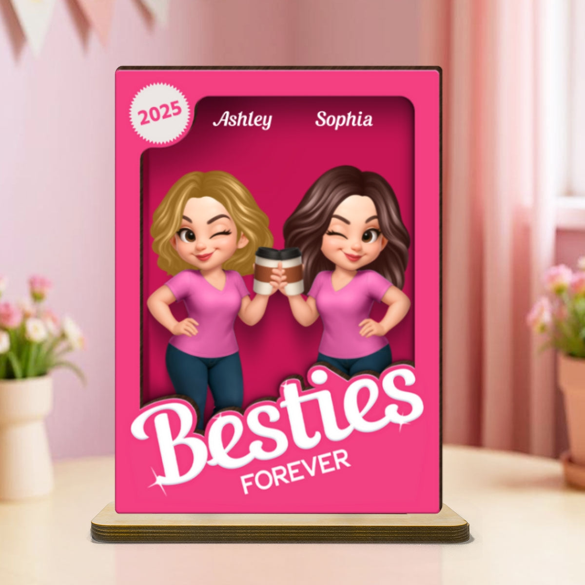 Besties Partner In Crime Pink 3D Effect Action Figure Personalized 2-Layer Standing Wooden Plaque