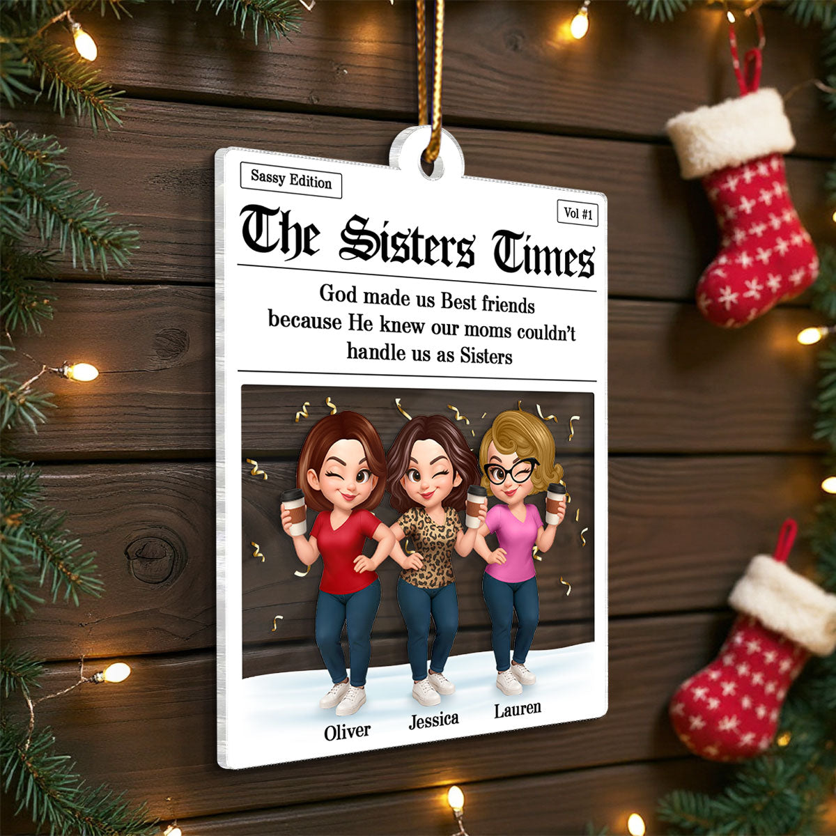 Newspaper Besties Sisters Friends Personalized Acrylic Ornament, Christmas Gift