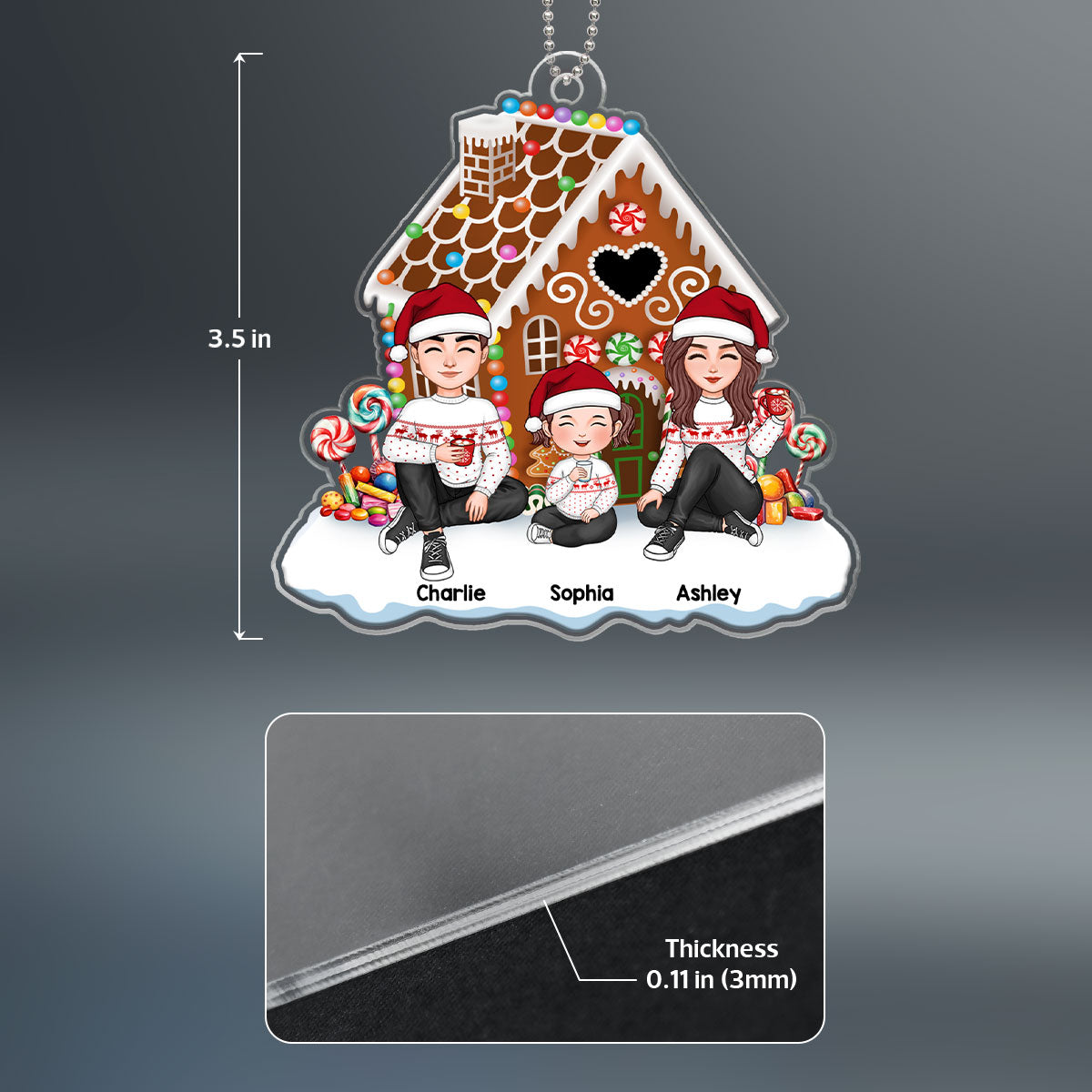 Cute Family Dad Mom Kids Dogs Cats Sitting Christmas Gingerbread House Personalized Acrylic Ornament