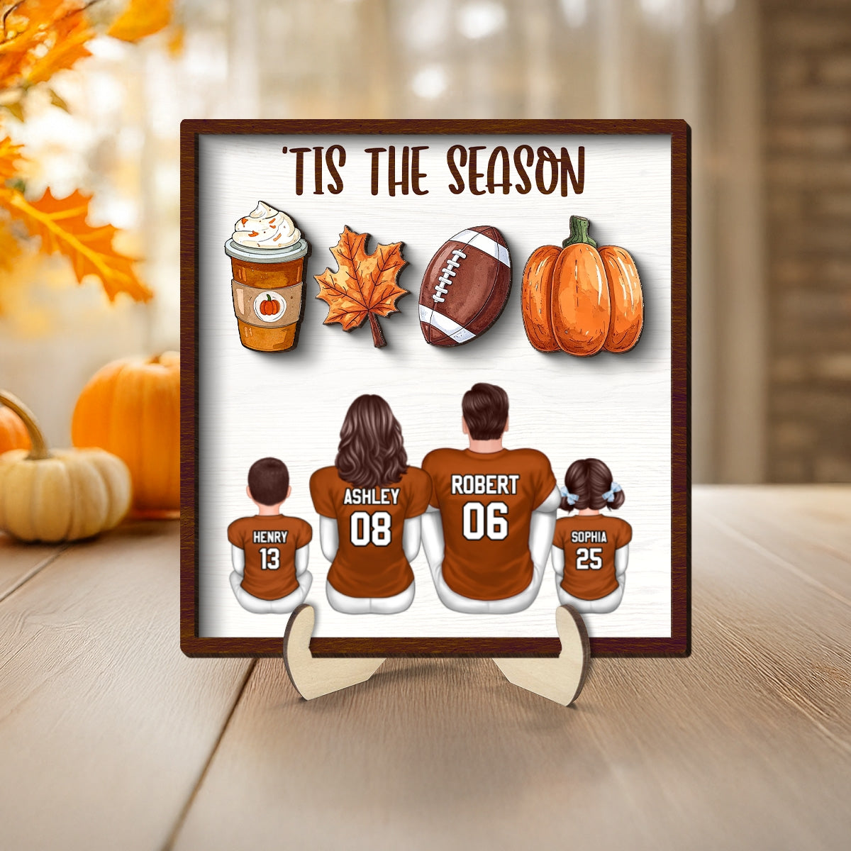 Fall Season 'Tis The Season Football Family Personalized 2-Layer Wooden Plaque