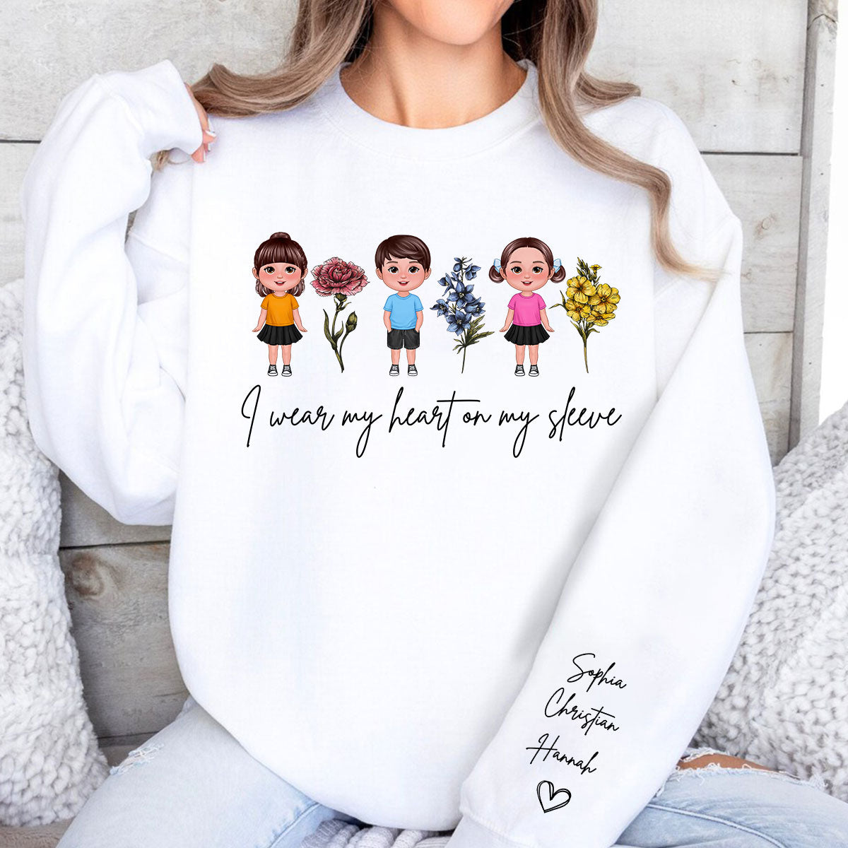 I Wear My Hearts On My Sleeve Birth Month Flower Personalized Sleeve Printed Sweatshirt