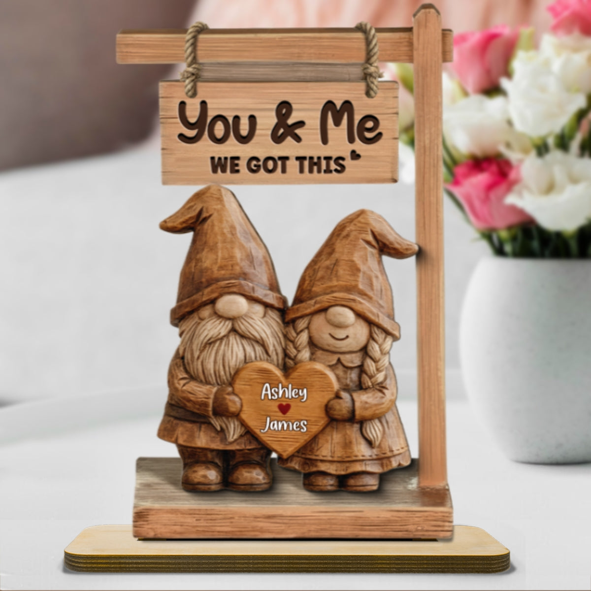 3D Effect Gnome Couple Standing - Personalized 2-Layered Wooden Plaque - Perfect Valentine's Day Gift For Him, Gift For Her