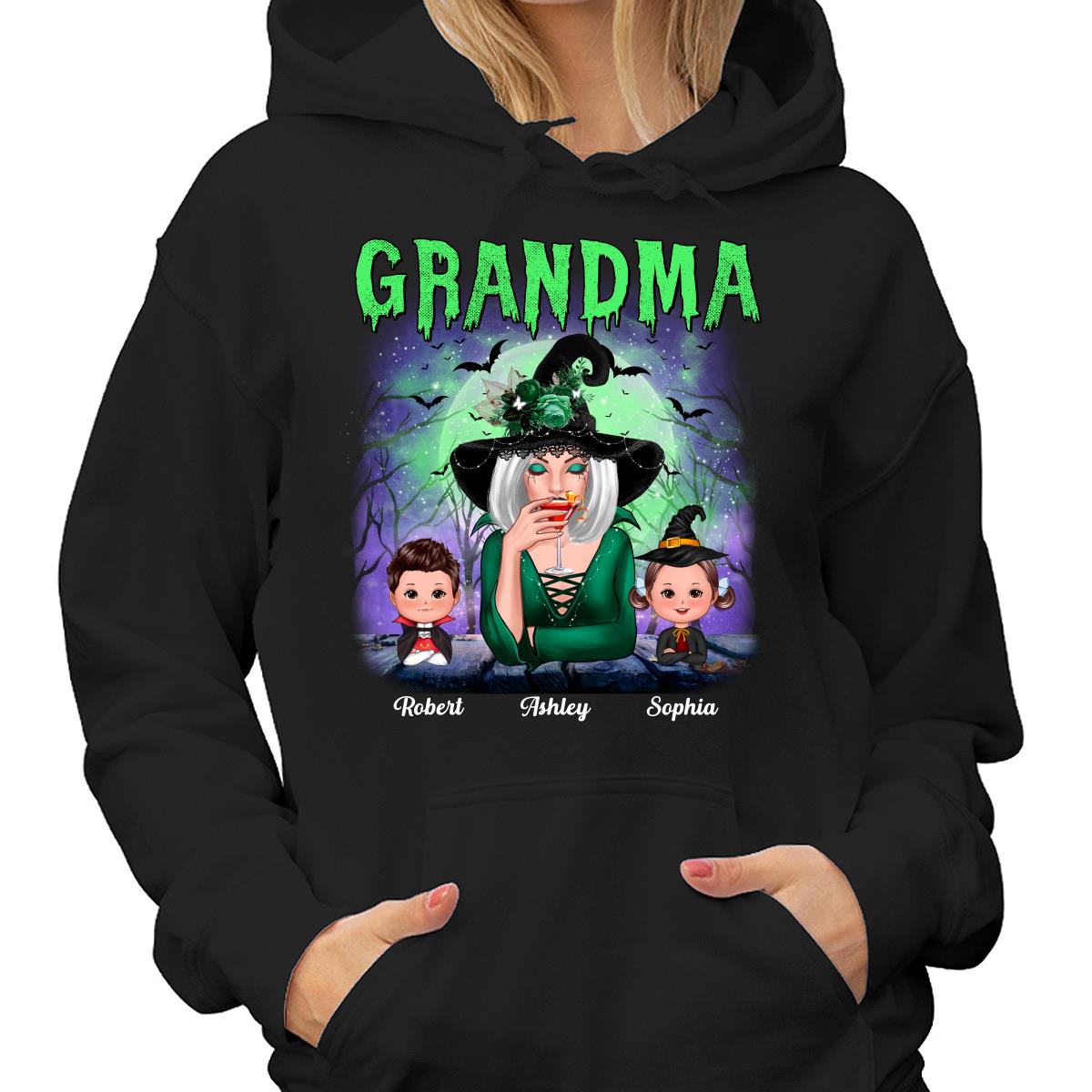 Halloween Neon Green And Purple Grandma With Grandkids Personalized Shirt