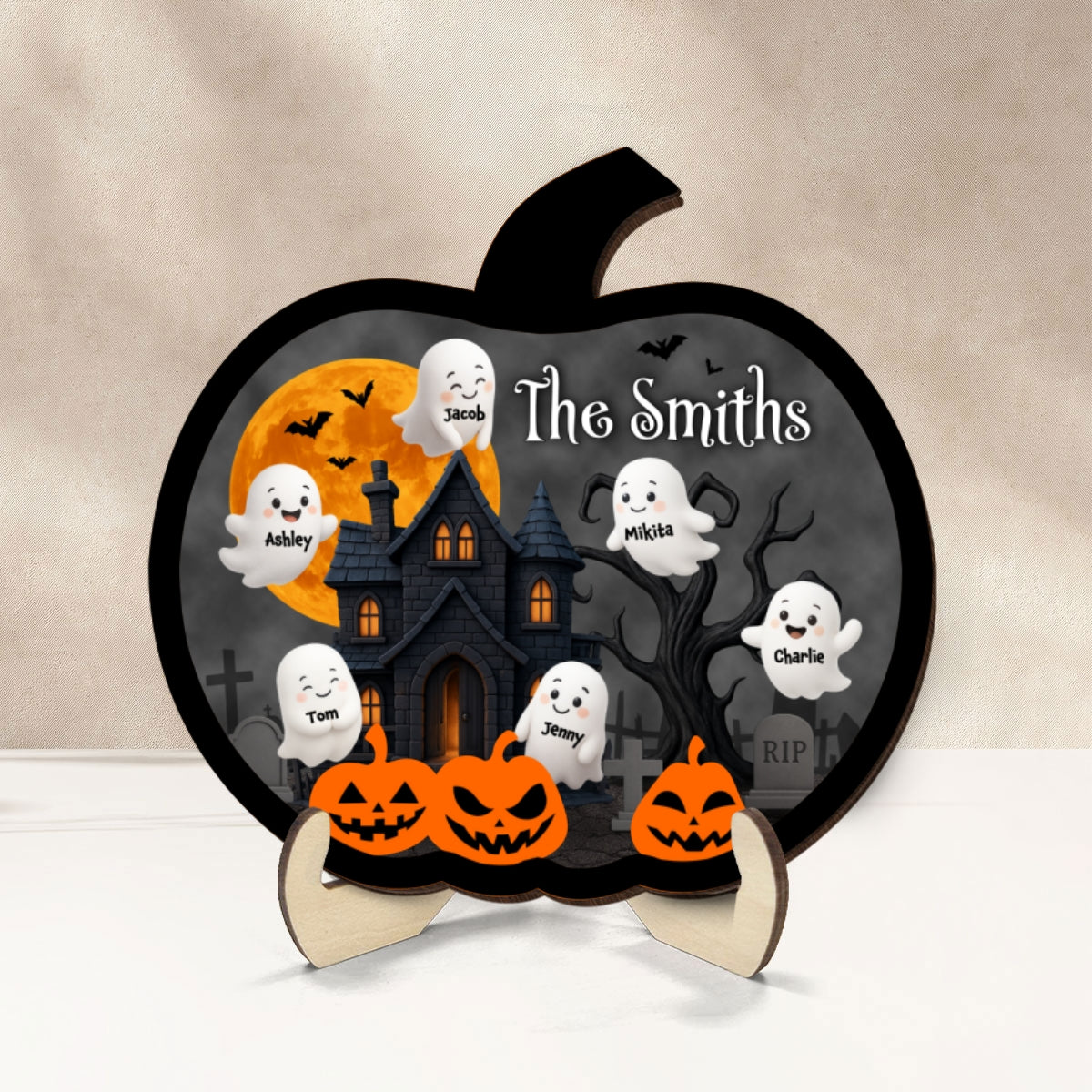 3D Effect Ghost Friends, Ghost Family Inside Pumpkin Personalized 2-Layer Wooden Plaque, Halloween Decoration