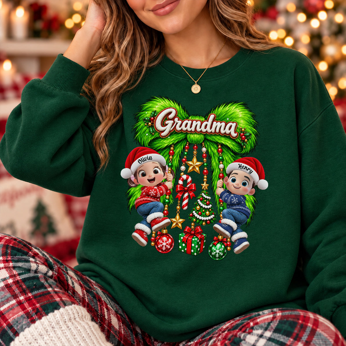 Cute Grandkids Green Bow Charm - Personalized Shirt - Trendy Christmas Tee for Grandma, Christmas Gift for Mom, Wife