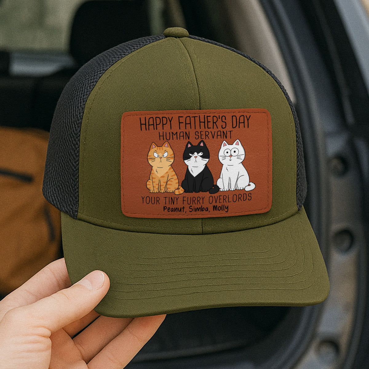 Happy Father‘s Day Human Servant Funny Cute Cats Personalized Leather Patch Hat, Gift For Cat Dad