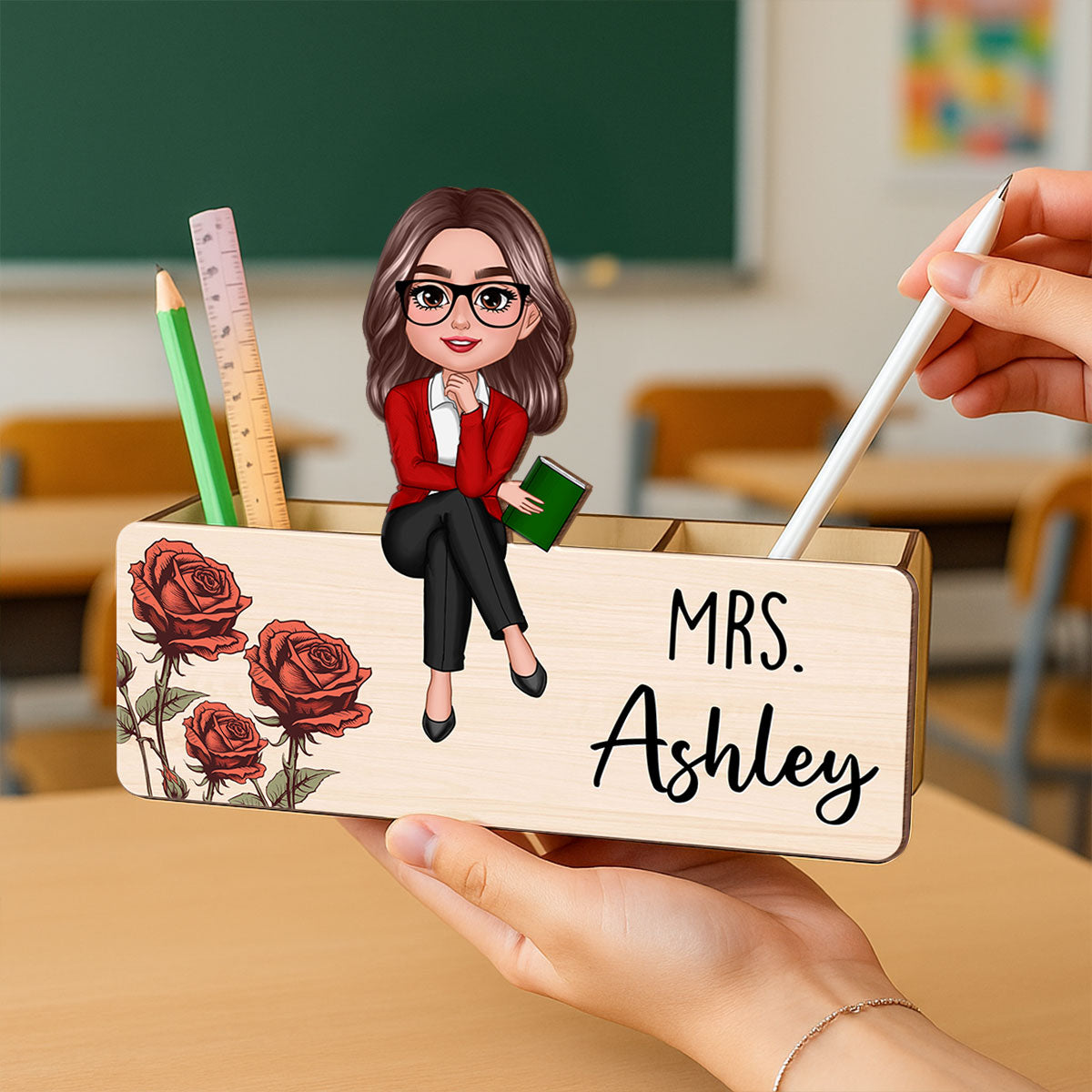 Birth Month Flower Teacher Personalized Pencil Holder, 2-Layer Wooden Plaque, Back To School Gift, Classroom Decor