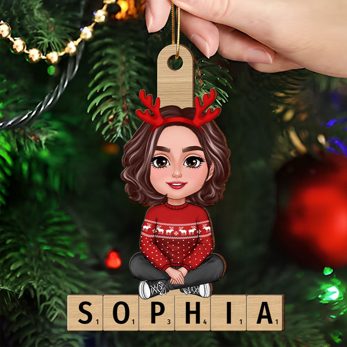 Family Member Sitting On Name Unique Christmas Gift Personalized Wooden Ornament
