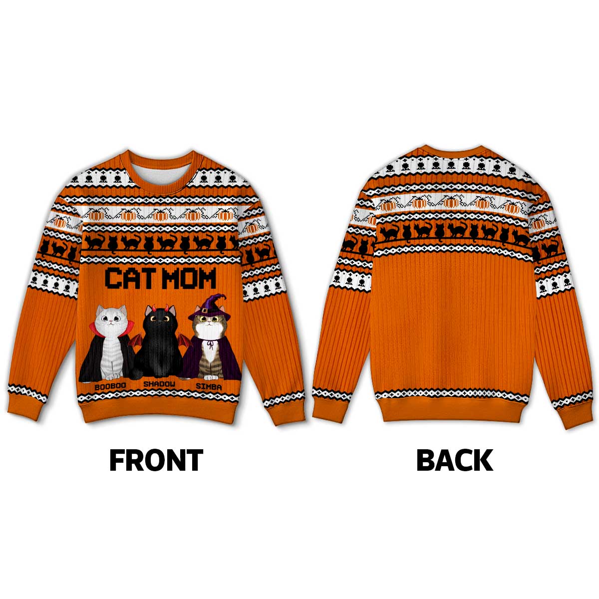 Halloween Fall Cozy Vibe Cat Mom Pattern Personalized Sweatshirt, Unique Gift For Cat Mom