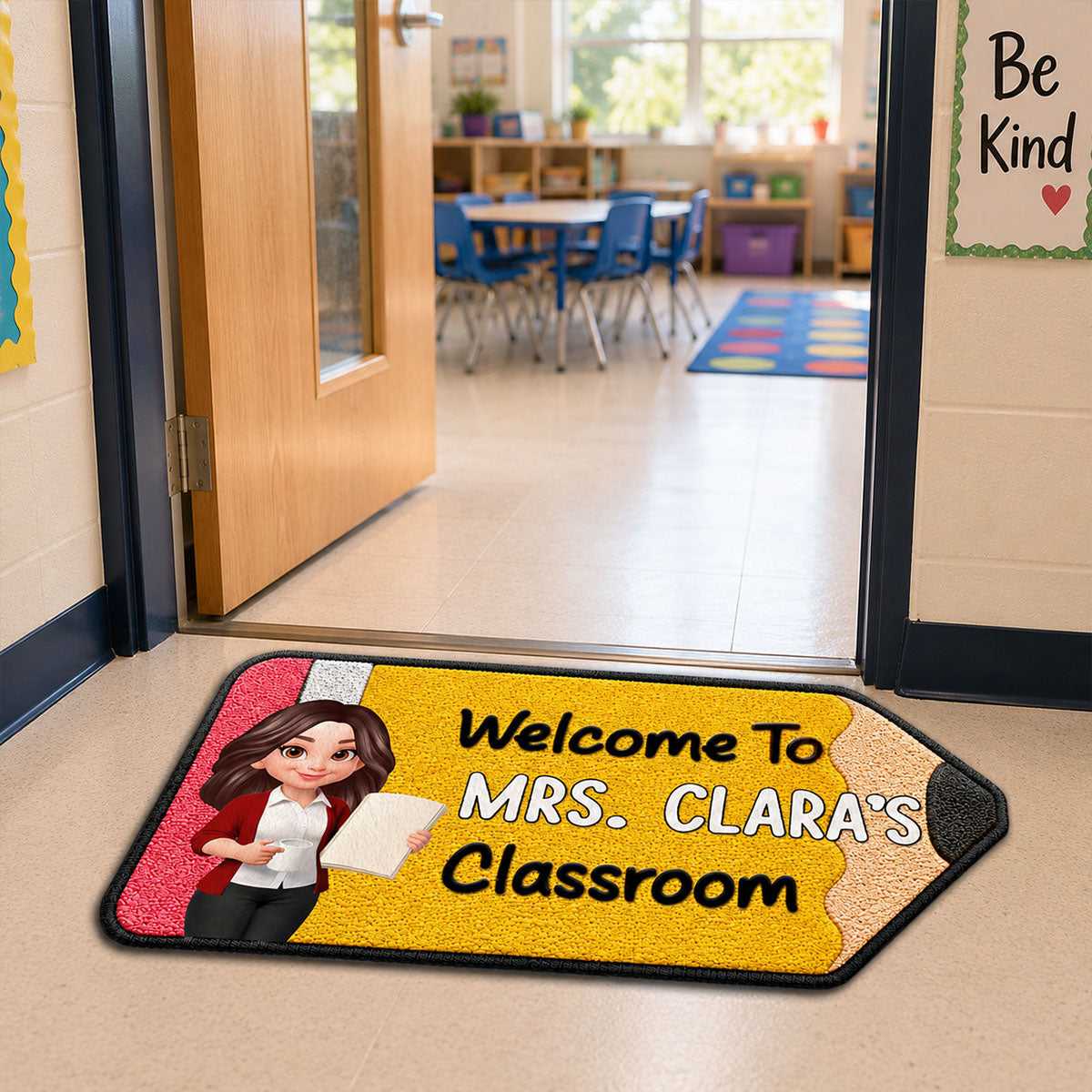 Happy Pencil Teacher Welcome To Classroom - Personalized Doormat - Back To School Gift For Teacher, Classroom Decor