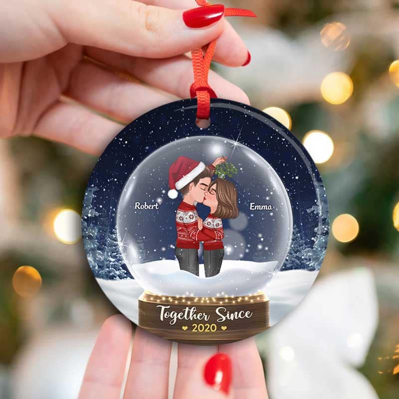 Couple Under Mistletoe Snow Globe Personalized Circle Ornament