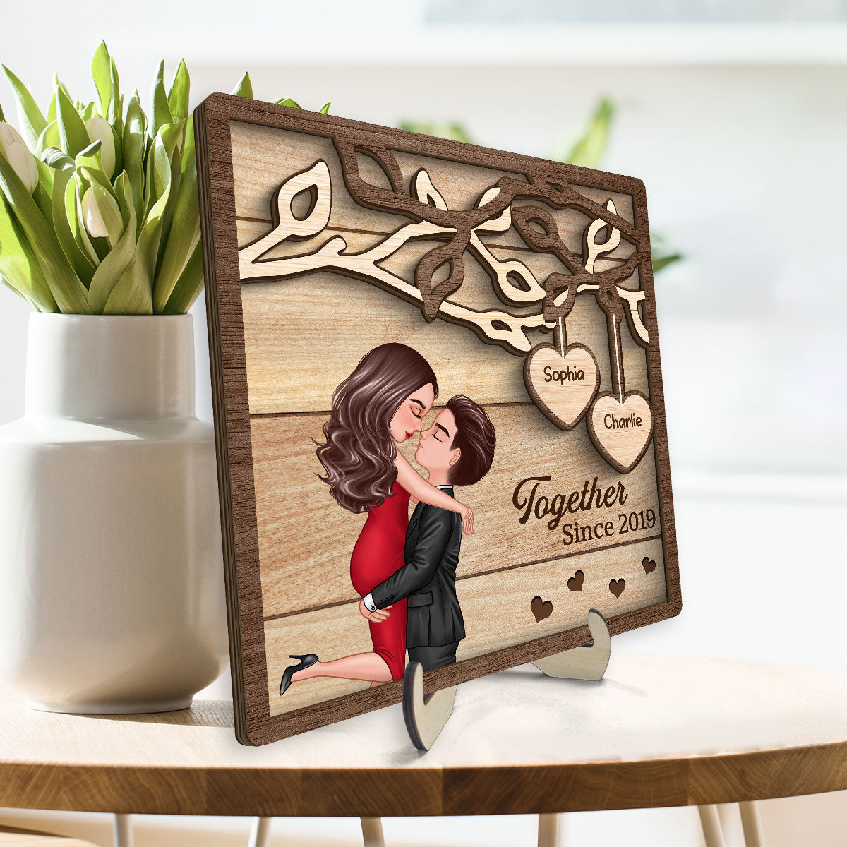 Couple Kissing Under Tree Hugging Kissing Couple Personalized 2-Layer Wooden Plaque