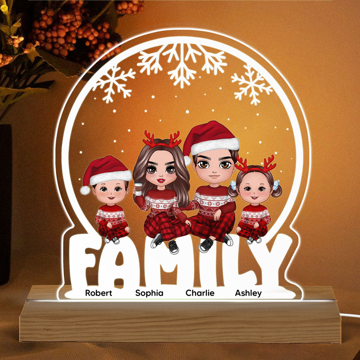 Doll Family Sitting Snow Globe Personalized Acrylic Custom Shape LED Night Light