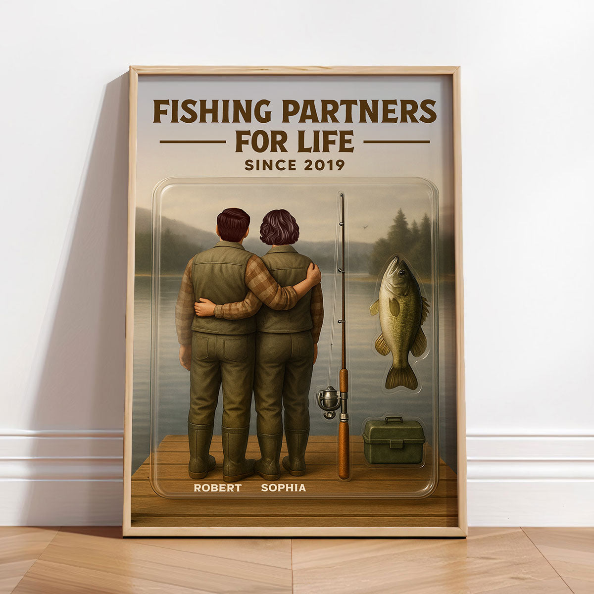 3D Effect Custom Figure Couple Fishing Partners For Life Personalized Poster