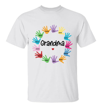 Colorful Sketch Handprints Grandma Mom Kids Names Personalized Shirt