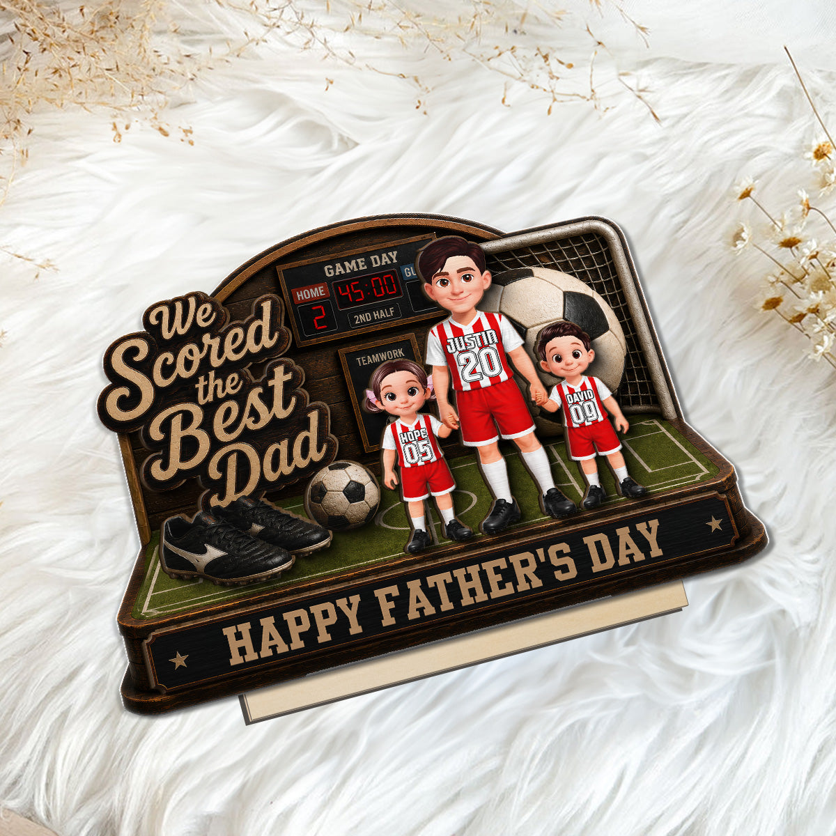 Soccer Dad & Kids On Court 2D Flat - Personalized 2-Layered Wooden Plaque - Father's Day Gift For Soccer Dad, UK Football Dad