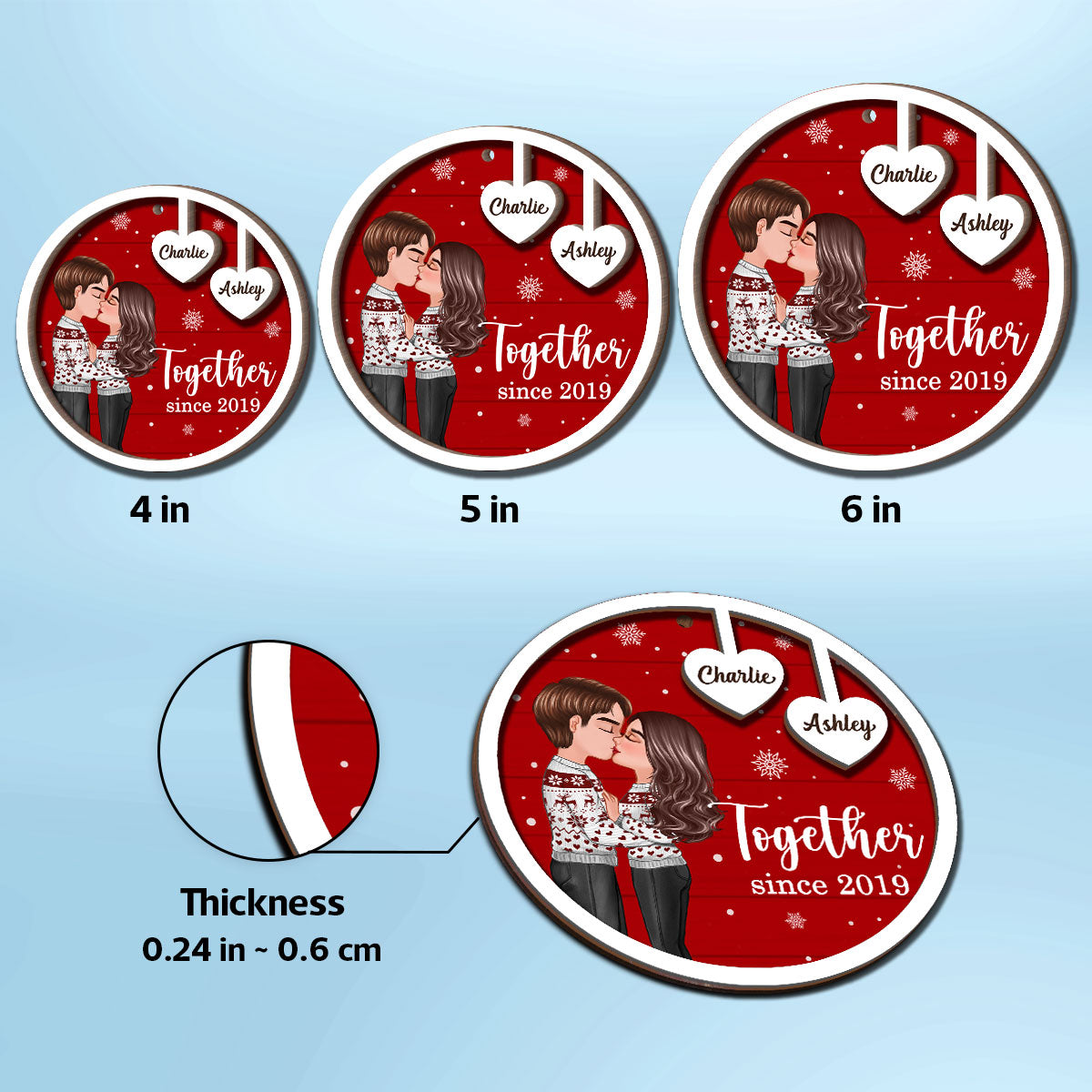 Coupe Kissing Heart Strings Christmas Personalized 2-Layer Wooden Ornament