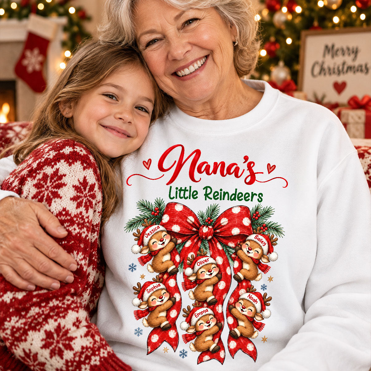 Grandma's Reindeer Christmas Bow - Personalized Shirt - Christmas Gift for Grandma, Trendy Cozy Sweatshirt for Grandma