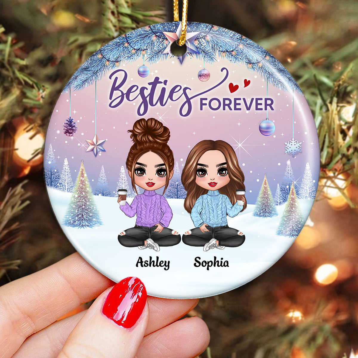 Gradient Background Christmas Besties Sisters Personalized Circle Ornament