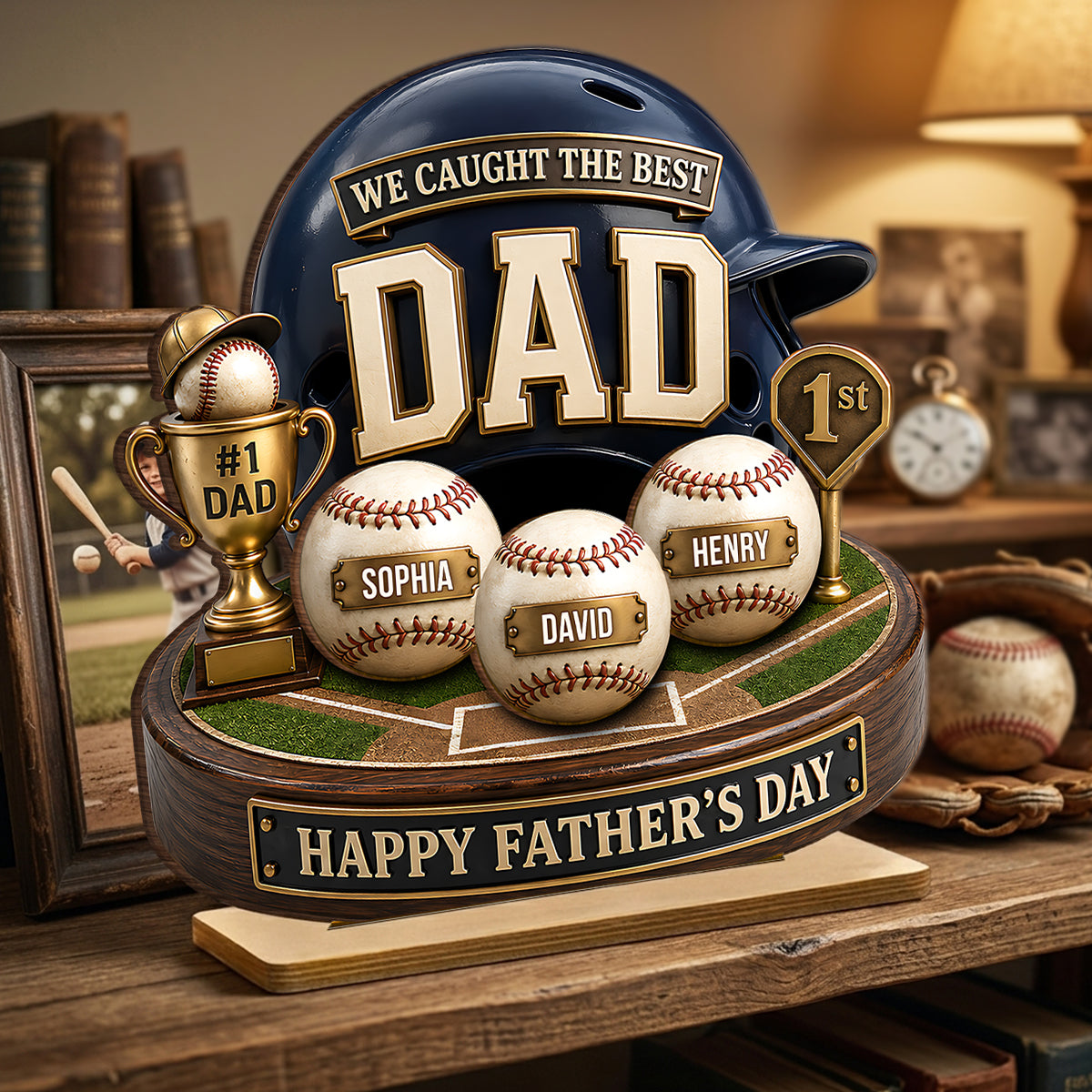 Baseball Trophy We Caught The Best Dad - Personalized 2-Layered Wooden Plaque - Father's Day Gift For Dad, Husband