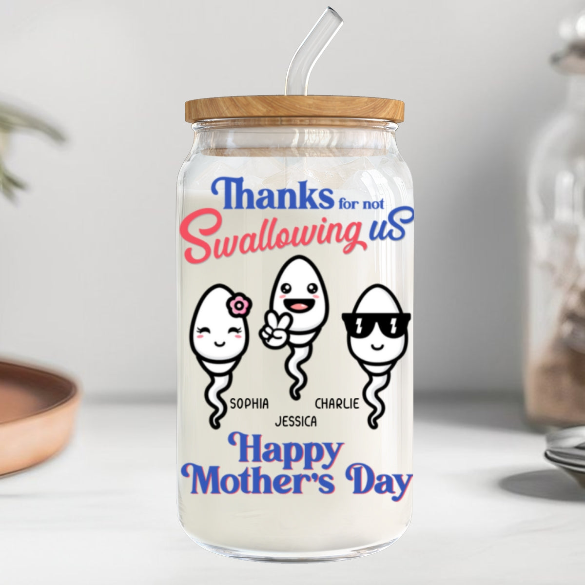 Thanks For Not Swallowing Us Funny Mother‘s Day Gift Personalized Clear Glass Can