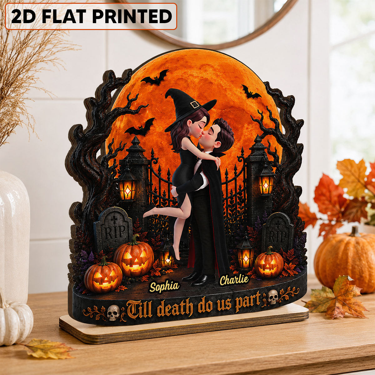 Eternal Love Couple Under Halloween Moon Light - Personalized 2-Layered Wooden Plaque - Halloween Gift For Couple