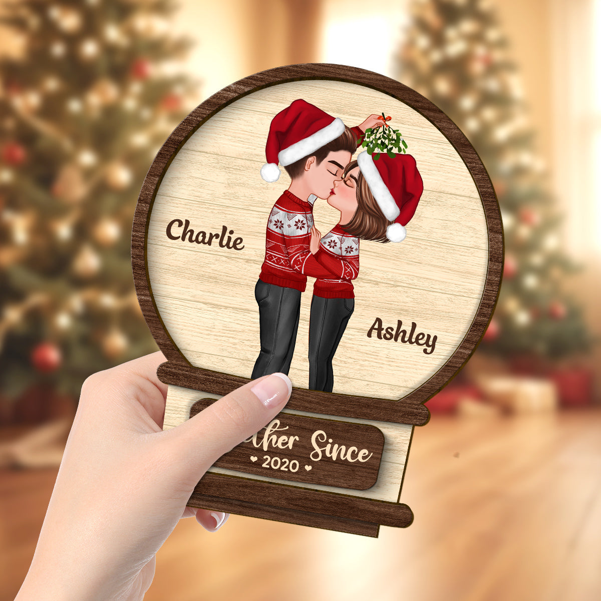 Couple Kissing In Snowball Personalized 2-Layer Standing Wooden Plaque, Christmas Gift For Him For Her
