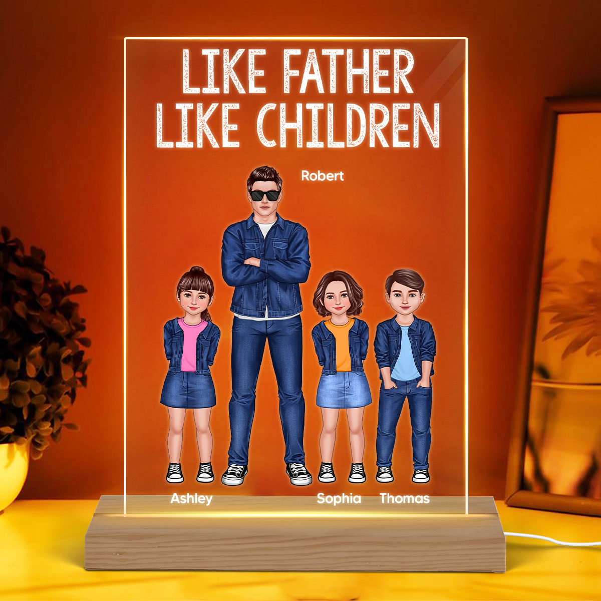 Like Father Like Daughters Like Sons Dad And Kids Standing Front View Personalized Rectangle Acrylic LED Night Light