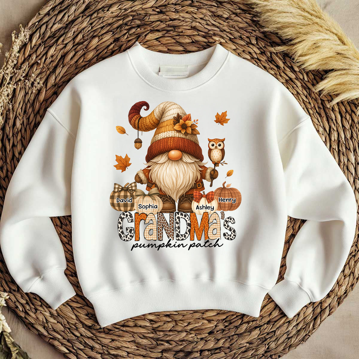 Grandma's Pumpkin Patch Cute Fall Gnome Personalized Sweatshirt, Cozy Fall Shirt for Grandma, Mom