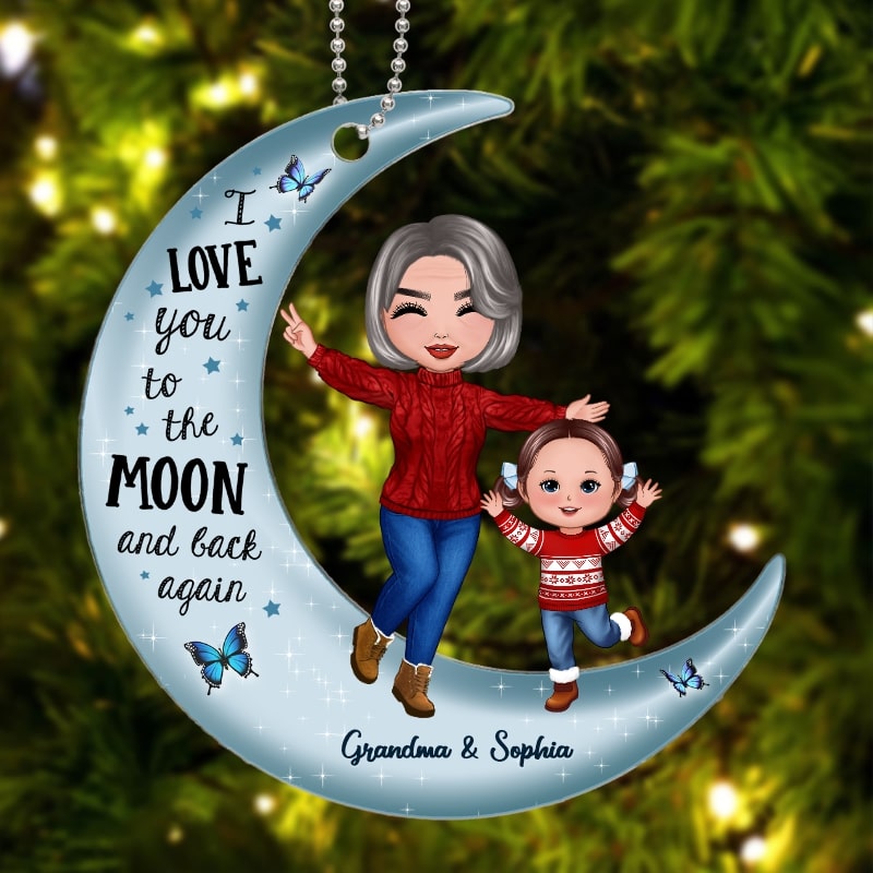 Happy Doll Grandma & Grandkid On Moon Personalized Acrylic Ornament