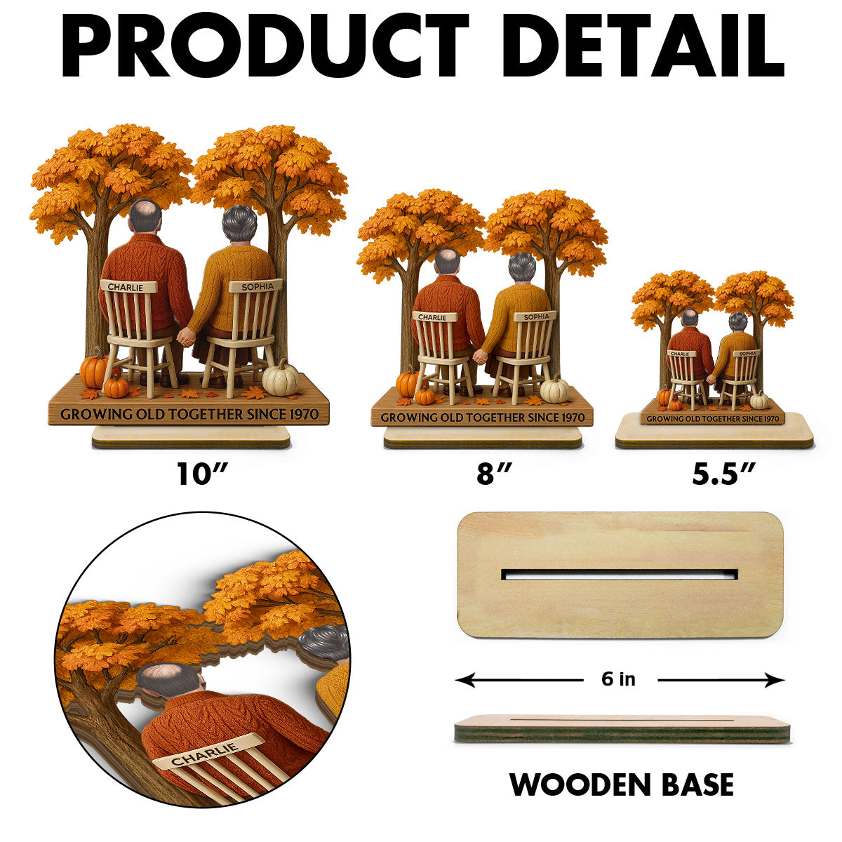 3D Effect Fall Season Back View Couple Growing Old Together Personalized 2-Layer Standing Wooden Plaque