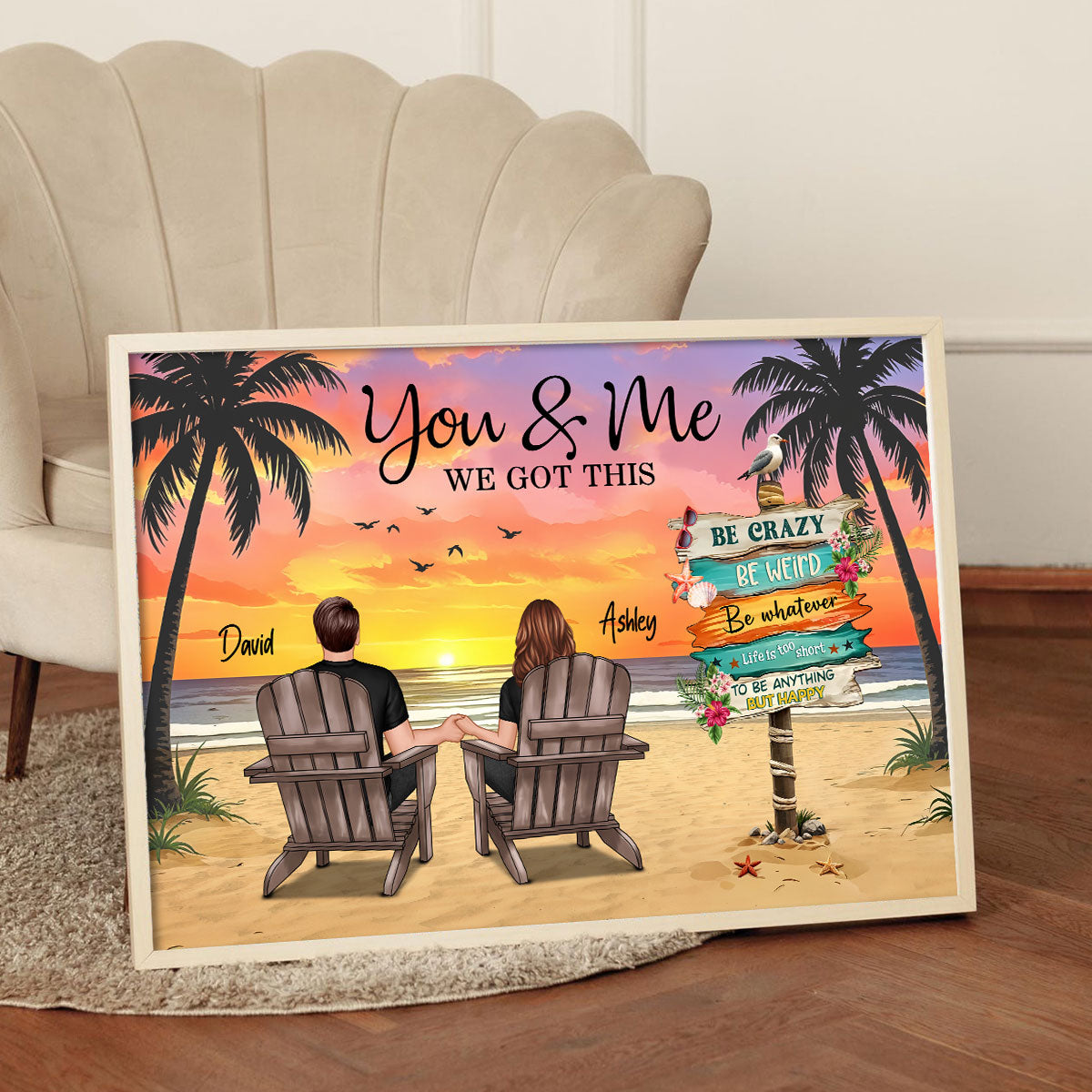 Couple Beach Landscape Sign Post Sunset Summer Vibe Personalized Poster, Gift For Him, For Her