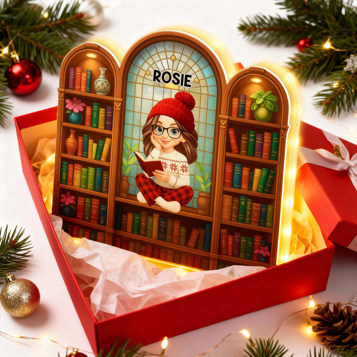 Christmas Cozy Vibe Pretty Girl Reading Book In Arched Bookshelf - Personalized Light Box