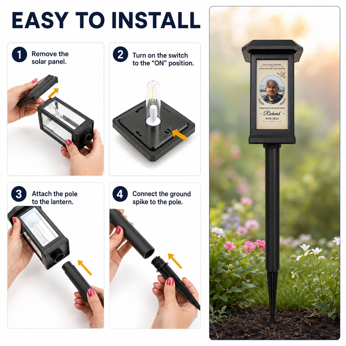 Forever in Our Hearts - Personalized Solar Garden Light - Custom Photo Gravesite Light, Outdoor Remembrance Garden Stake, Loss of Loved One Sympathy Gift